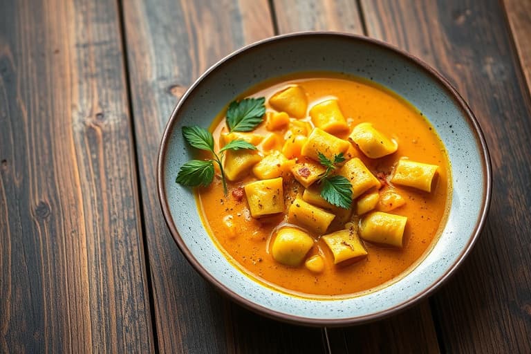 Krydret curry-nudelsuppe med kylling og søtpotet