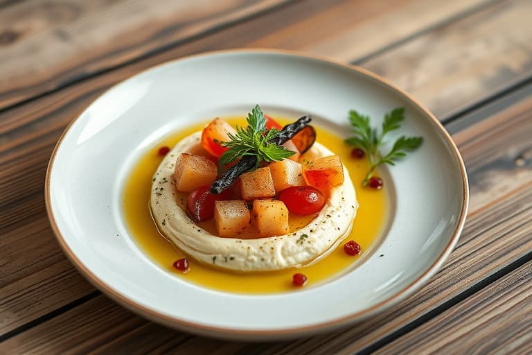 Hummus-omslukt villlaks fra Alaska på en seng av franske bønner, rødløk og agurksalat med sitronolje