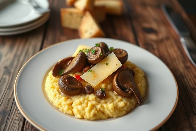 Hvit Cheddar-polenta med sauterte grønnsaker og hvitløkristede portobellos