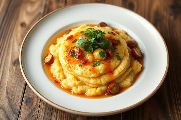 Polenta med grønne bønner, sopp, erter og purre