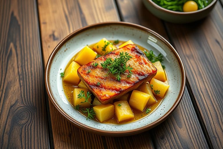 Ovnsbakte kyllinglår med gulrøtter og Yukon Gold-poteter