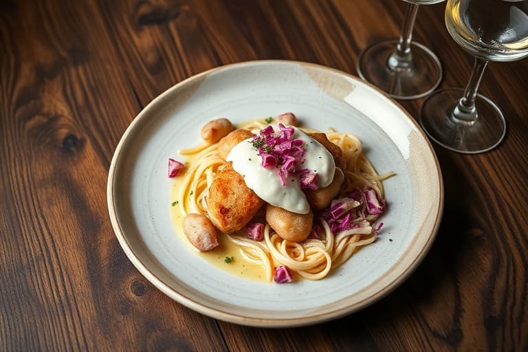 Røkte svinekoteletter fylt med ost på varm kål- og karve-slaw