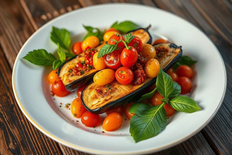 Aubergine-, tomat- og pestostabel