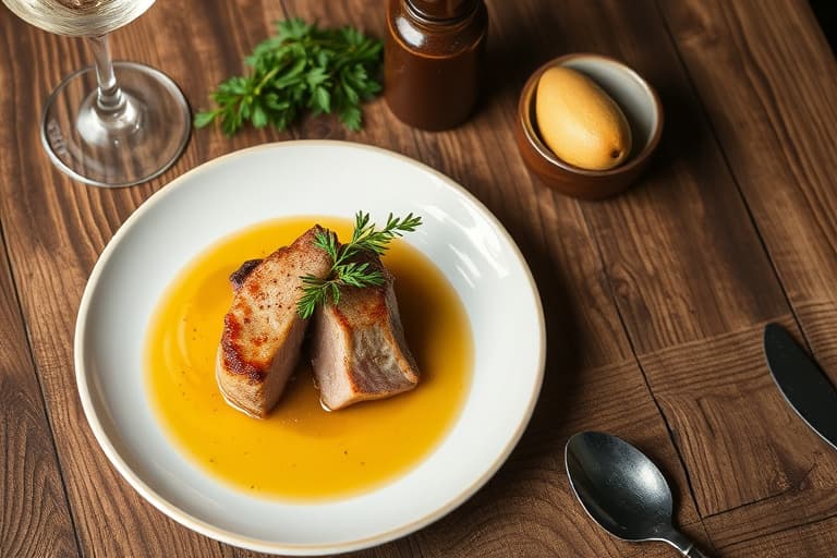 Svinekam med cider- og dijonsennepssaus, servert med ovnsbakte søtpoteter og epler