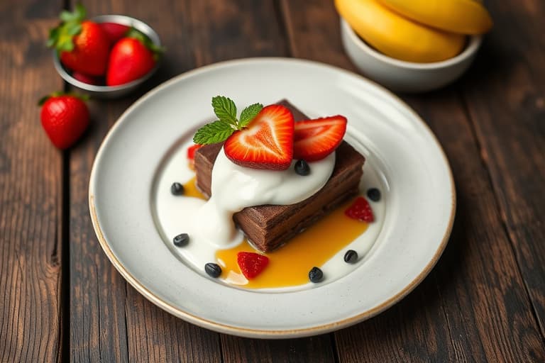 Sjokoladeengel-kake med frukt og lønnesyltetøy-yogurt