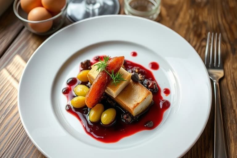 Oksebog med urteskorpe, servert med poteter, gulrøtter og Pinot Noir-saus