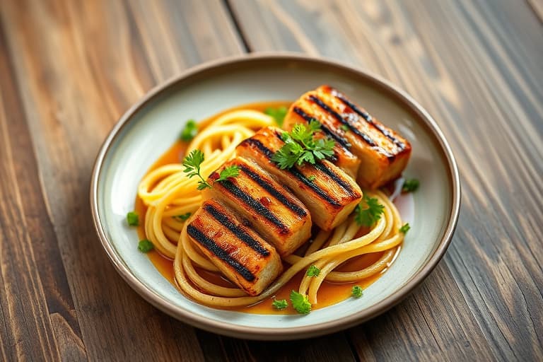 Grillede ananasringer med teriyakiglaserte kyllingboller som forrett