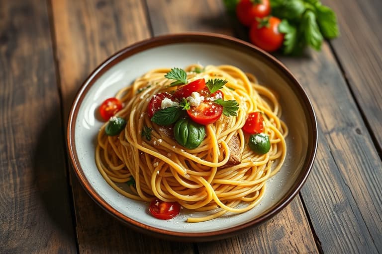 Vegetarisk BLT-spaghetti med smørsalat, purre og tomat