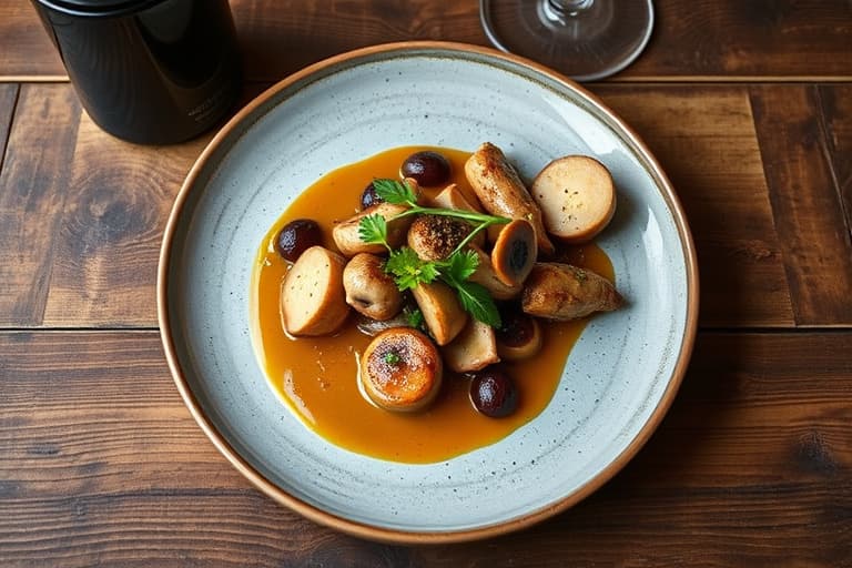 Stekt rett med vill shiitakesopp og choko-blad