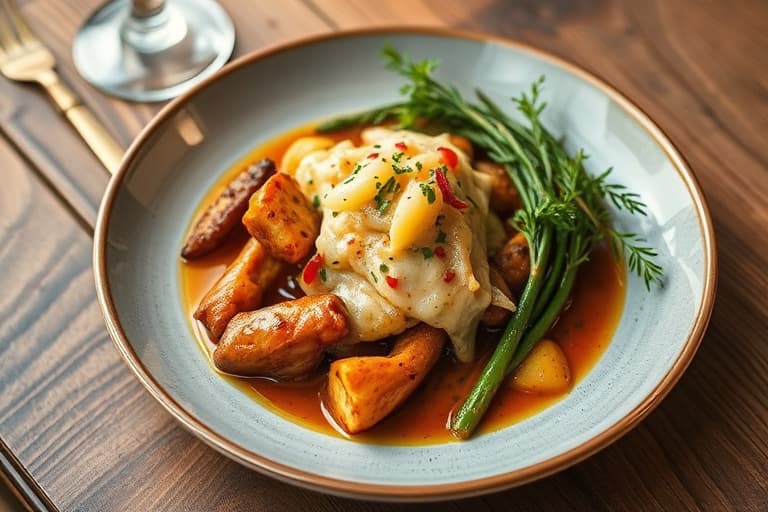 Kinesisk femkrydret kylling med rødkål og potetgrateng