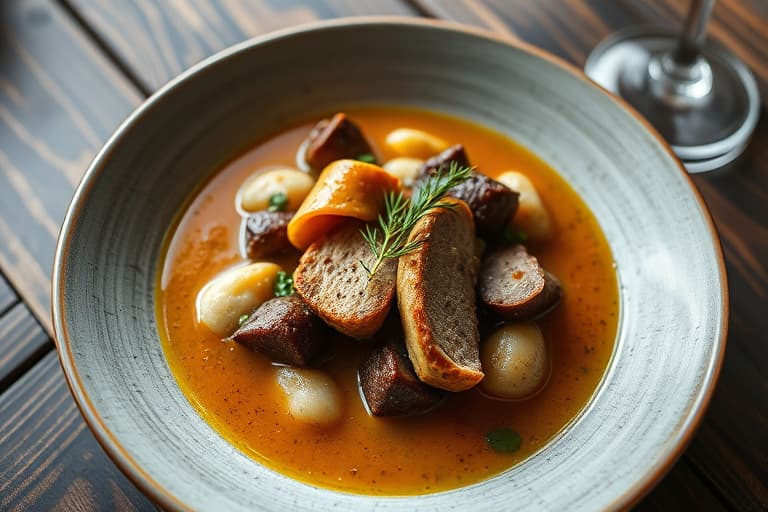 Vill sopp- og byggsuppe med flanken-biffer