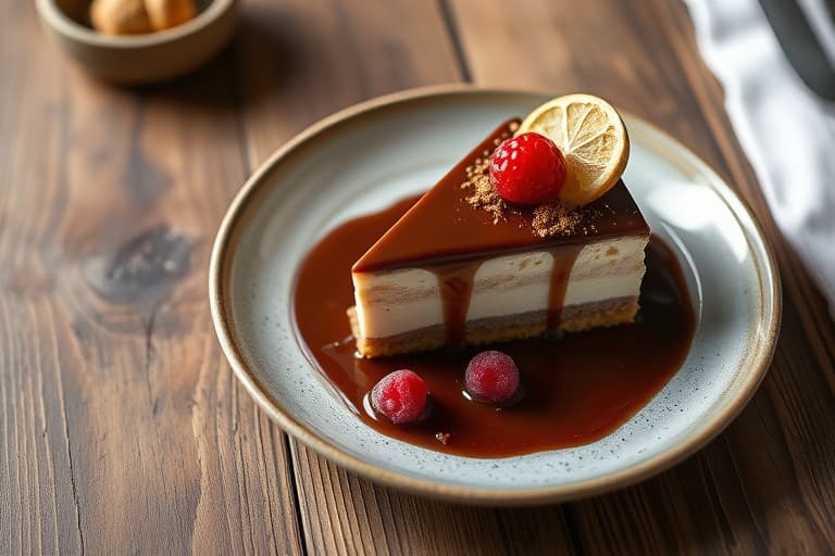 Genoise-kake med sjokolade- og geitostmousse og bringebærsirup