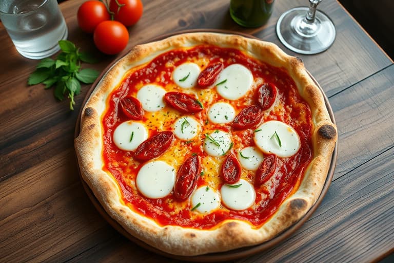 Fyldig pizza med sprø skorpe i støpejernspanne og røkt mozzarella