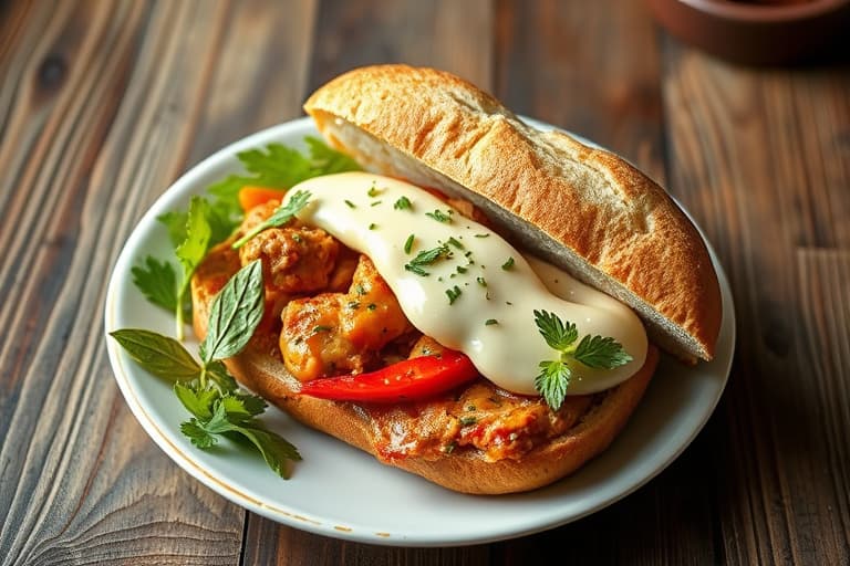 Åpen pølse-, paprika- og løksandwich med provoloneost