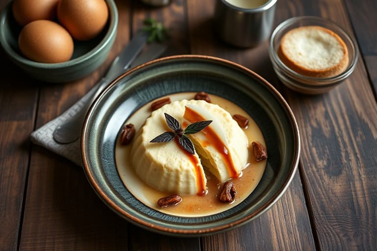 Hjemmelaget eggepudding med hvit sjokolade varm sjokolade