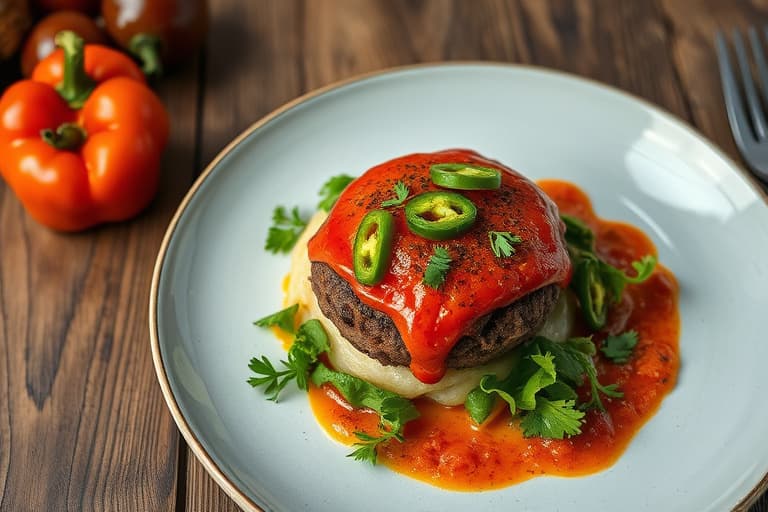 Latinburgere med karamellisert løk og jalapeñorelish, servert med majones av rød paprika