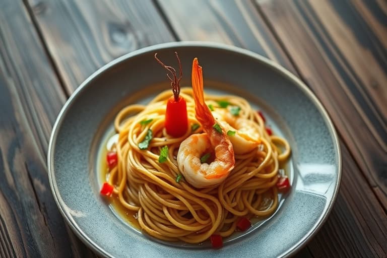 Ingefærmarinerte scampi med fargerike soba-nudler