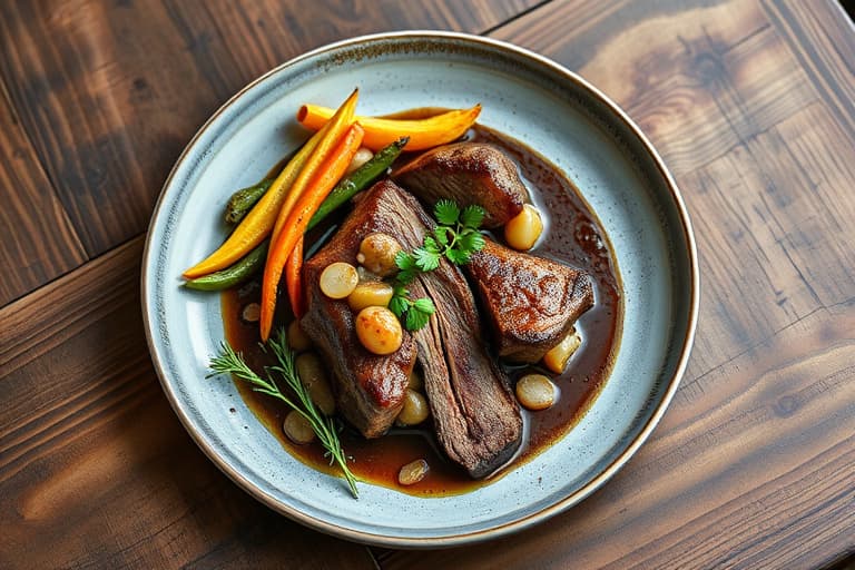 Helspekt brisket med ovnsbakte grønnsaker