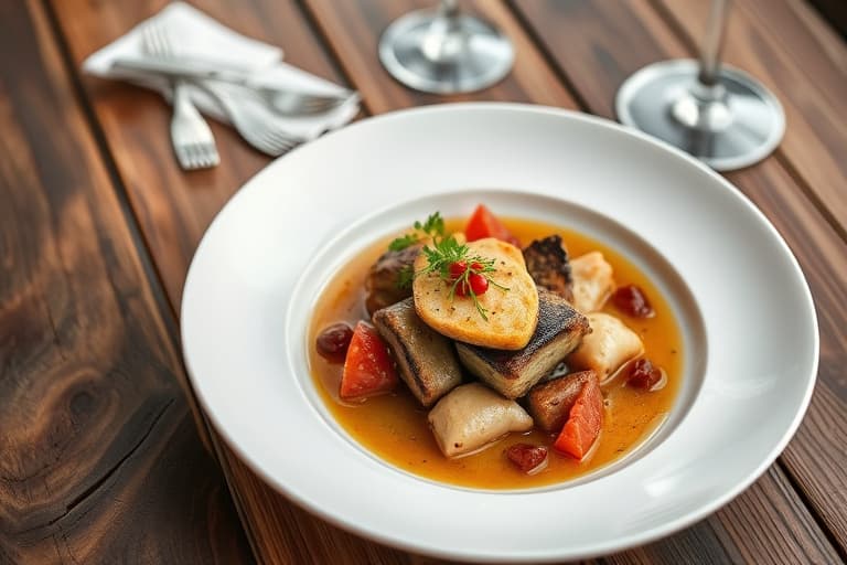 Bryst av storfe med seigryte, servert med stekte reker og maisgrøt