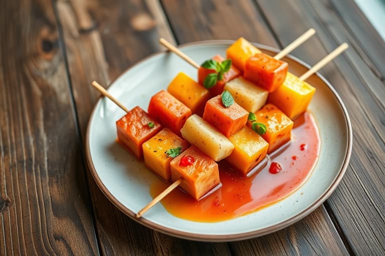 Sesongens frukt- og melonkabober med krydret chilisaus