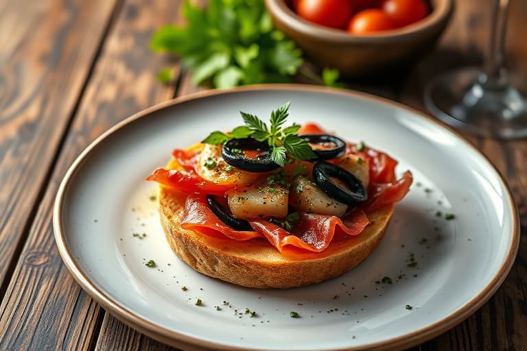 Prosciutto og geitost-bruschetta med svarte linser