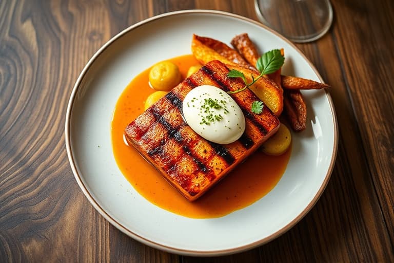 Annatto-rødfargede grillede reker med peruanske lilla poteter og karamellisert plantain-creme