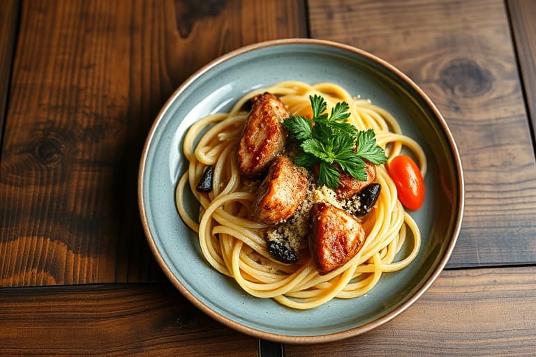 Kylling og pølse med båndpasta