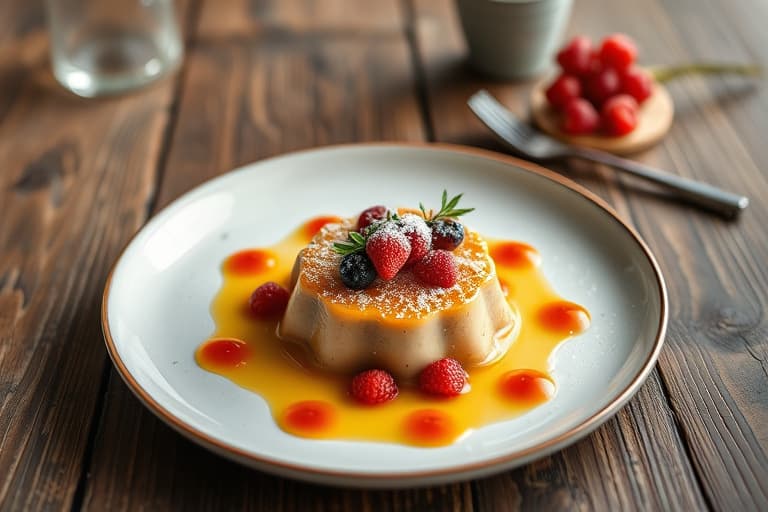 Pistasj- og fruktpudding med skum