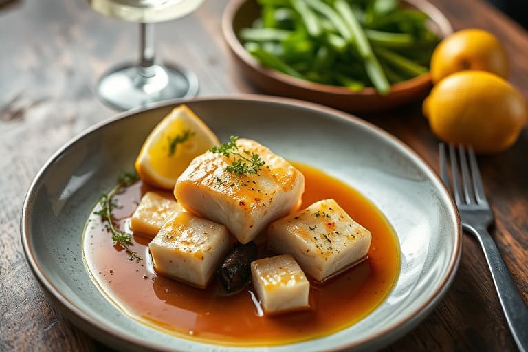 Fylte hellefiskfileter innbakt i filodeig med sitron- og vårløksaus