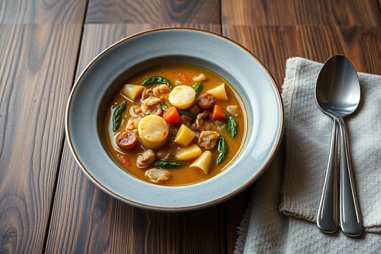 Kylling-, ris- og grønnsakssuppe