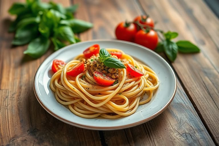Enkel pasta med olivenolje, tomat og basilikum
