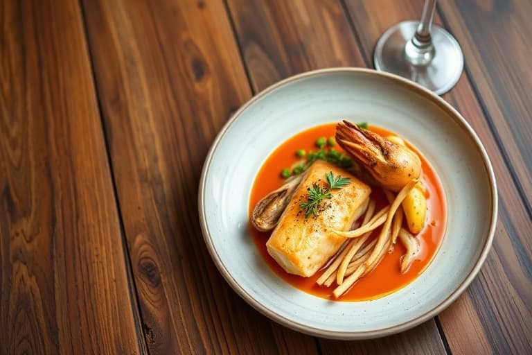 Reker i scampi-stil, servert som forrett med ostekake