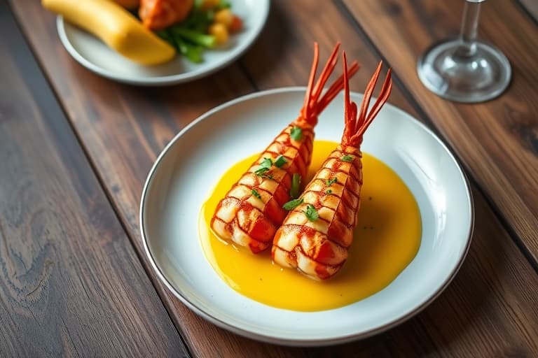 Poached Lobster Tails, og fritert østers med mango- og avokadopuré