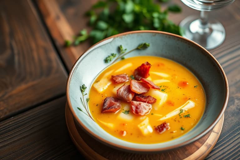 Potet-, bacon- og gruyère-suppe