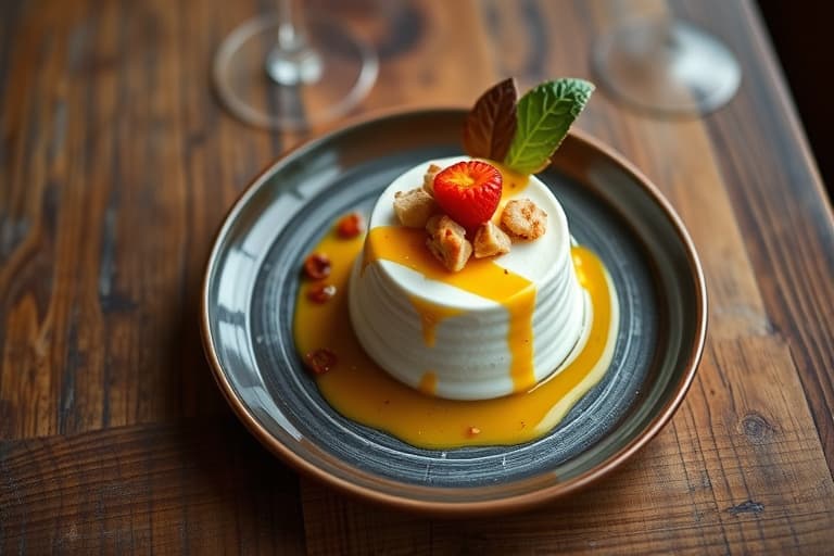 Piña Colada-mousse med mandeltuiler, kokosnøttsauce og bringebærcoulis