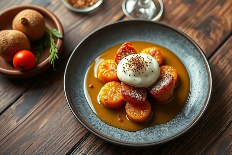 Krydret pocherte pærer med crème fraîche og amaretto-kjeks