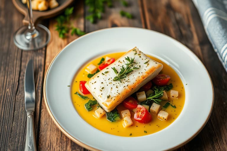 Grillet halibut Niçoise med markedsgrønnsaker