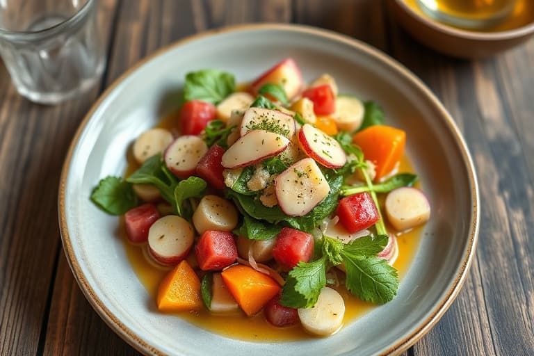 Aprikos-, bær- og jícamasalat med honning-lime dressing