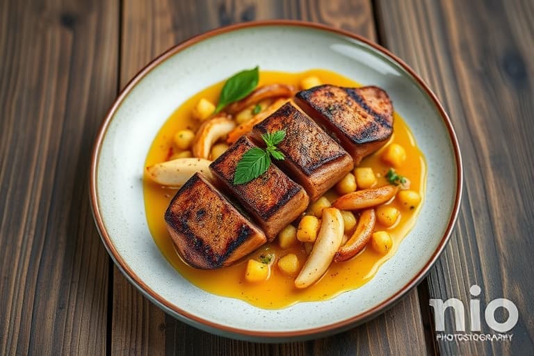 Stekt kyllingbryst og grønnsaker med mangochutney og ovnsbakte hvitløksmospoteter