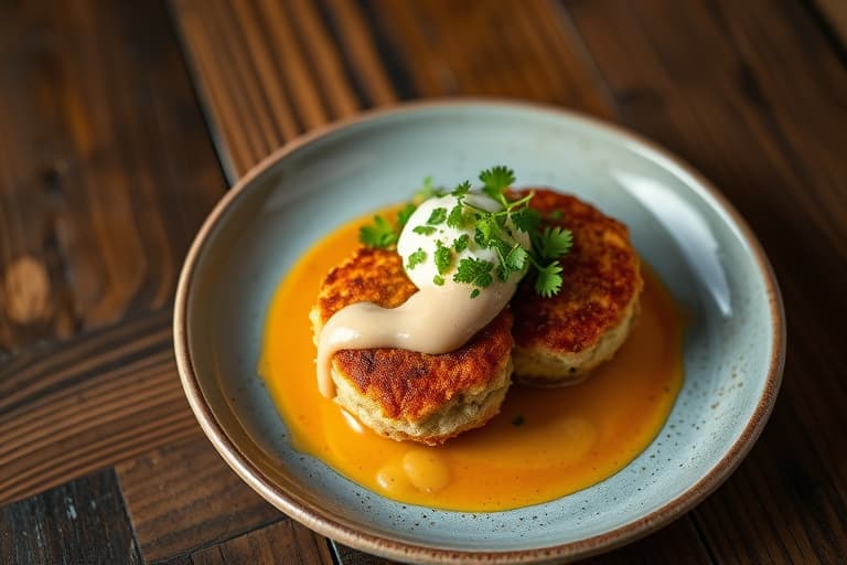 Louisiana Jumbo Lump Crab Cakes med ovnsbakt mais og chipotle-maisstappe med remoulade og chipotle-honning