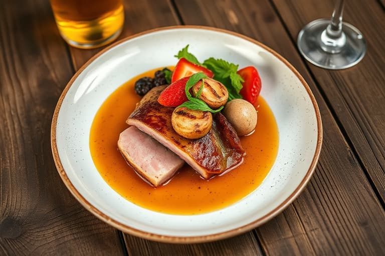 Svinefilet i mørk ale: Svinefilet pur de Porcelet, brød med tørket frukt, Nostradamus-saus