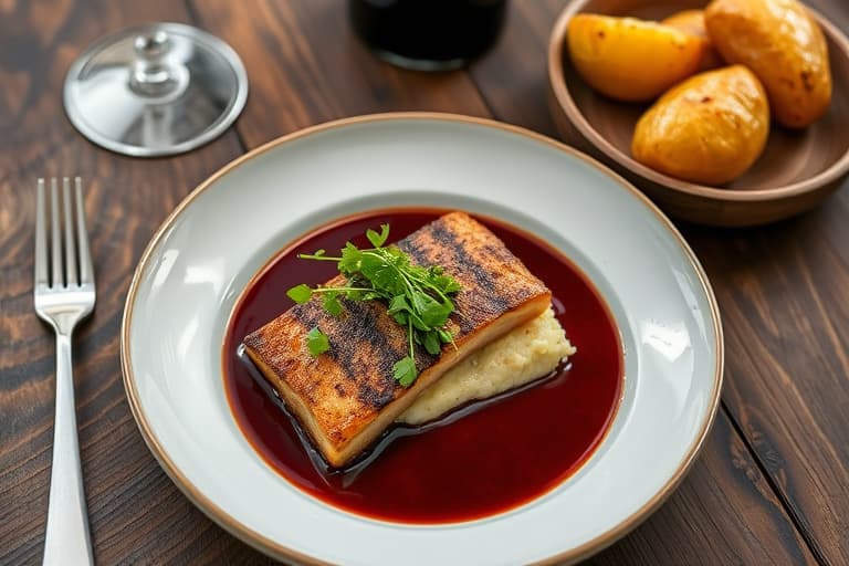 Grillet pepperbiff av oksefilet med en morellsopp- og cabernet-saus, servert med piskede Yukon Gold-poteter