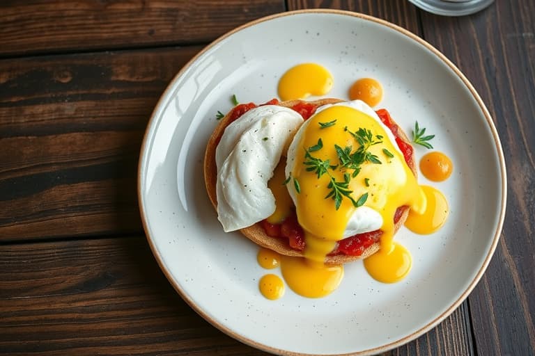 Egg Benedict med kyllingegg og krydrede kjeks med sitrongress-krabbe- og fennikelsalat