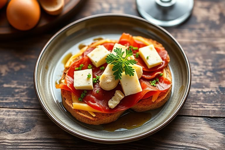Valnøkkelbrotcrostini med sautert pære, prosciutto, gorgonzolaskrype og en balsamico-portvinsreduksjon