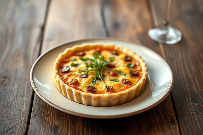 Karamellisert løk, sopp og Gruyère- quiche med havregrynsbunn