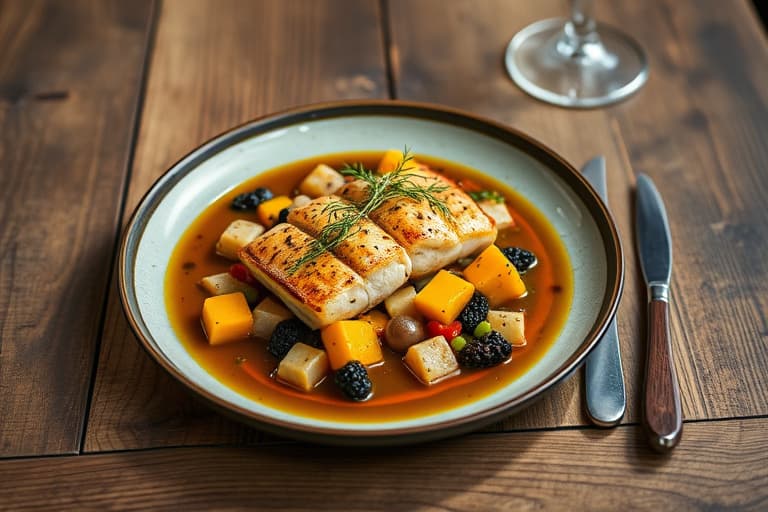 Ristet chilensk havabbor med en kompott av salsify, squash og breenbønner i en portvin- og svarttrøffelvinaigrette