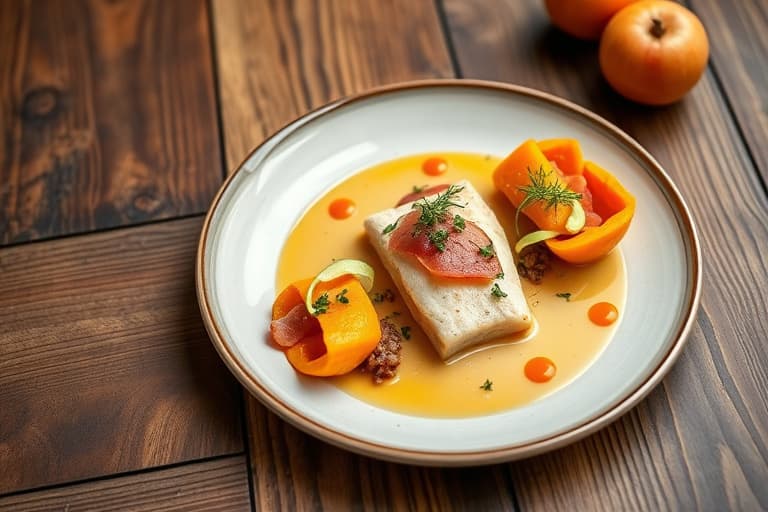 Maine Dypvannskamskjell med smørkrem, butternut squash, prosciutto og appelsinskalldamp