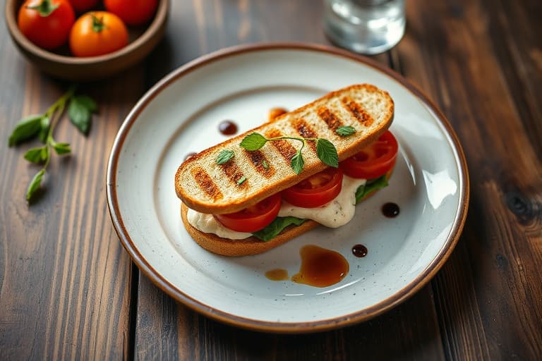 Balsamico-grillet kyllingfinger-sandwich med soltørkede tomater og urtet geitost-spread