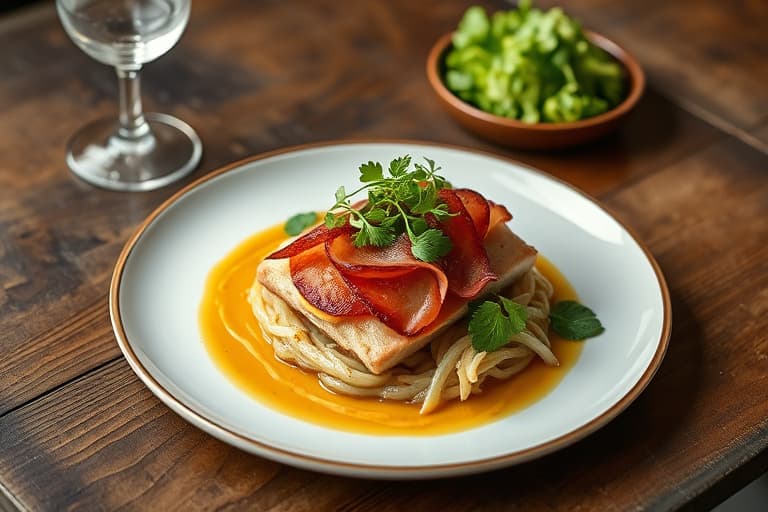 Svinefilet innbakt i prosciutto med Granny Smith-eplesgaske, crimini-sopp- og potetpuré, rotgrønnsaksblanding, og eplesalat med frisée og gulrotolje