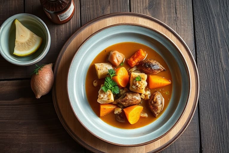 Gresskar- og peanøttcurry med nudler, servert med femkrydret stekte kamskjell og reker